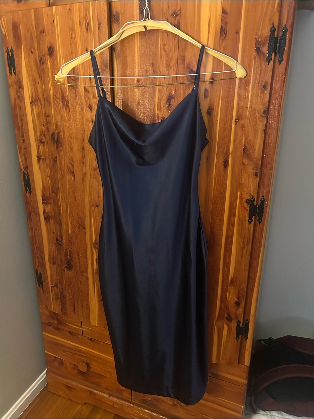 Navy Satin Slip Midi Dress with Cowl Neckline